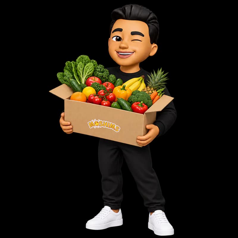 The Moshims memoji holding a Moshims box of fresh produce