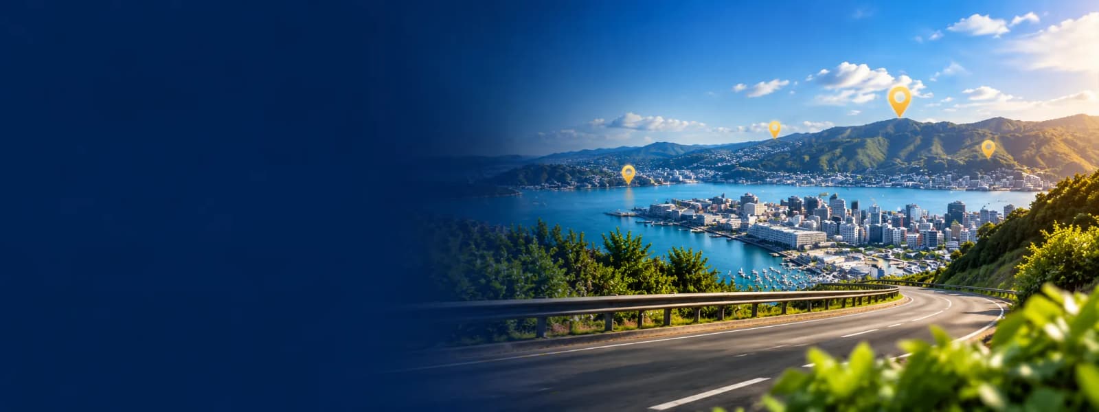 Wellington harbour and the city from a road in the hills, with map pins over the suburbs