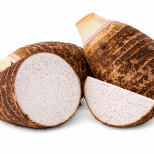 Taro roots with cut taro flesh on a clean white background